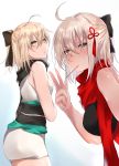  2girls ahoge bangs bare_arms bare_shoulders black_bow black_kimono black_scarf blonde_hair blue_background blush bow brown_eyes brown_hair commentary_request dark_skin eyebrows_visible_through_hair fate/grand_order fate_(series) gradient gradient_background hair_between_eyes hair_bow hair_ornament hand_up japanese_clothes kimono koha-ace mouth_hold multiple_girls obi okita_souji_(alter)_(fate) okita_souji_(fate) okita_souji_(fate)_(all) parted_lips red_scarf sash scarf short_kimono sleeveless sleeveless_kimono tassel v-shaped_eyebrows w white_background white_kimono yuki_maccha_(yukimattya10) 