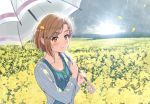  1girl aiba_yumi blush breasts brown_eyes brown_hair cardigan cleavage clouds cloudy_sky collarbone eyebrows_visible_through_hair field flower flower_field fumiya-taketatsu grey_cardigan holding holding_umbrella idolmaster idolmaster_cinderella_girls open_cardigan open_clothes outdoors petals rain ribbed_cardigan sky small_breasts smile solo umbrella upper_body yellow_flower 