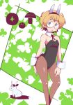  1girl animal_ears aqua_eyes bangs black_leotard blonde_hair breasts bunnysuit club_(shape) contrapposto detached_collar fake_animal_ears feet_out_of_frame freckles glasses heart hys-d leotard little_witch_academia looking_at_viewer lotte_jansson pantyhose parted_lips rabbit_ears round_eyewear semi-rimless_eyewear short_hair small_breasts solo spade_(shape) strapless strapless_leotard under-rim_eyewear wrist_cuffs 
