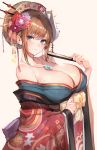  1girl absurdres bangs bare_shoulders blue_eyes blush breasts brown_hair character_request cleavage closed_fan closed_mouth collarbone eyebrows_visible_through_hair fan floral_print flower folding_fan fox_mask hair_flower hair_ornament hair_stick highres holding holding_fan japanese_clothes jewelry kimono large_breasts long_sleeves looking_at_viewer mask mask_on_head mole mole_on_breast necklace obi off-shoulder_kimono off_shoulder original oyu_(sijimisizimi) sash sidelocks smile solo upper_body wide_sleeves 