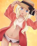  1girl :o bangs bikini black_bow black_ribbon black_shorts black_skin blonde_hair bow brown_headwear cowboy_shot dangan_ronpa green_eyes groin hair_over_shoulder hat hat_bow hat_ribbon jacket long_hair long_sleeves looking_at_viewer micro_shorts midriff navel nekoshin_kagari new_dangan_ronpa_v3 open_clothes open_jacket open_shorts red_jacket ribbon shorts solo standing stomach sun_hat swimsuit thigh_gap white_bikini yellow_background yonaga_angie 