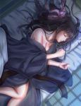  1girl bad_anatomy black_hair bow breasts cleavage clenched_hand closed_eyes futon hair_bow indoors izumi_(stardustalone) japanese_clothes kimono long_hair lying night on_side original pink_bow shadow sleeping 