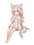  1girl animal_ears bangs barefoot borrowed_character eyebrows_visible_through_hair full_body grey_hair hair_between_eyes highres long_hair long_sleeves looking_at_viewer original red_eyes ribbed_sweater saku_(kazana) simple_background sitting sleeves_past_fingers sleeves_past_wrists solo sukemyon sweater tail turtleneck turtleneck_sweater very_long_hair white_background white_sweater wolf_ears wolf_girl wolf_tail 