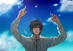  1boy aircraft airplane arms_up black_hair blue_sky clouds day hair_between_eyes highres inuyashiki long_sleeves looking_at_viewer male_focus outdoors satou6565 shishigami_hiro sky solo standing 