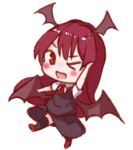 &gt;_o 1girl ;d arm_up ascot bangs black_legwear black_skirt black_vest blush chibi commentary_request demon_wings full_body head_wings koakuma long_hair looking_at_viewer lowres one_eye_closed open_mouth red_eyes red_footwear red_neckwear redhead shoes short_sleeves simple_background skirt skirt_set smile snozaki solo standing standing_on_one_leg thigh-highs touhou very_long_hair vest white_background wings 