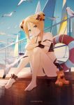  1girl abigail_williams_(fate/grand_order) animal ankle_scrunchie artist_name bangs bare_legs bare_shoulders barefoot bird black_bow black_scrunchie blonde_hair blue_sky blush boat bow clouds collarbone commentary day double_bun emerald_float english_commentary eyebrows_behind_hair fate/grand_order fate_(series) feet forehead full_body hair_bow highres legs leiq lifebuoy long_hair looking_at_viewer orange_bow outdoors parted_bangs parted_lips polka_dot polka_dot_bow sailboat scrunchie seagull side_bun sitting sky solo strap_slip stuffed_animal stuffed_toy teddy_bear toenails watercraft wrist_scrunchie 