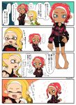  2girls agent_8 artist_name bike_shorts blonde_hair blush blush_stickers dark_skin domino_mask fangs headgear highres inkling makeup mascara mask medium_hair multiple_girls octarian octoling off_shoulder pointy_ears redhead shirt short_eyebrows shorts single_vertical_stripe splatoon splatoon_(series) splatoon_2 splatoon_2:_octo_expansion squid squidbeak_splatoon suction_cups tentacle_hair tona_bnkz translation_request vest 