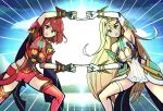  2girls armor breasts covered_navel earrings fusion_dance gem gloves jewelry large_breasts mythra_(xenoblade) nintendo phiphi-au-thon pyra_(xenoblade) red_shorts redhead shorts shoulder_armor tiara xenoblade_(series) xenoblade_2 