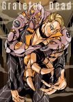  1boy belt blonde_hair character_name cowboy_shot extra_eyes jewelry jojo_no_kimyou_na_bouken kkp_pkk long_sleeves male_focus necklace prosciutto serious shirt short_hair stand_(jojo) the_grateful_dead_(stand) train_interior vento_aureo yellow_shirt 