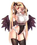  1girl angel_wings armpits bangle bangs black_gloves black_legwear black_leotard black_wings blouse blush bracelet breasts collared_blouse commentary_request covered_navel cowboy_shot demon_horns elbow_gloves eyebrows_visible_through_hair fallen_angel feathers garter_belt gloves gold gold_trim groin hands_up highleg highleg_leotard highres horns jewelry large_breasts leotard long_hair looking_at_viewer neck_ribbon original parted_lips red_eyes red_ribbon ribbon short_sleeves sidelocks simple_background skindentation smile solo thigh-highs thighs twintails underbust untsue very_long_hair white_background white_blouse wings 