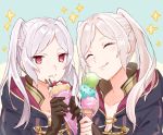  2girls closed_eyes closed_mouth commentary_request eating female_my_unit_(fire_emblem:_kakusei) fire_emblem fire_emblem:_kakusei food gimurei gloves holding hood hood_down ice_cream ice_cream_cone licking_lips menoko multiple_girls my_unit_(fire_emblem:_kakusei) nintendo red_eyes simple_background tongue tongue_out twintails upper_body white_hair 