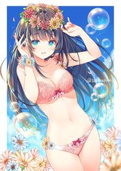  1girl :d bangs bare_arms bare_shoulders black_hair blue_eyes blue_sky blurry bow bow_bra bow_panties bra breasts bubble cleavage clouds collarbone cowboy_shot day depth_of_field flower flower_bracelet hands_up head_wreath highres long_hair looking_at_viewer medium_breasts miwabe_sakura nail_polish navel open_mouth original panties pink_bra pink_flower pink_nails pink_panties red_flower sidelocks sky smile solo standing stomach thighs twitter_username underwear underwear_only yellow_flower 