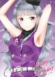  1girl 2018 armpits arms_up bangs belt black_headwear blunt_bangs curly_hair dated eyebrows_visible_through_hair floating_hair happy_birthday hat highres idolmaster idolmaster_(classic) long_hair looking_at_viewer mogskg purple_shirt shijou_takane shirt silver_hair sleeveless sleeveless_shirt smile solo upper_body very_long_hair violet_eyes 