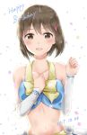  1girl 2017 :d brown_eyes brown_hair collar collarbone crop_top dated detached_sleeves hagiwara_yukiho halterneck happy_birthday highres idolmaster idolmaster_(classic) long_sleeves looking_at_viewer midriff mogskg navel open_mouth short_hair smile solo standing stomach upper_body white_background white_sleeves 