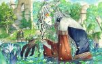  1boy 1girl blonde_hair commentary_request detached_sleeves fantasy headband horns lily_pad orange_eyes outdoors partially_submerged pixiv_fantasia pixiv_fantasia_last_saga reeds ruins sitting sky-art sleeveless treant tree water 