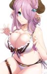  1girl bangs bare_arms bare_shoulders bikini blue_eyes breasts cleavage closed_mouth collarbone commentary_request earrings granblue_fantasy hair_ornament hair_over_one_eye highres horns jewelry large_breasts long_hair looking_at_viewer narmaya_(granblue_fantasy) pink_hair pointy_ears ribbon ryuu. shiny shiny_hair simple_background sitting smile solo swimsuit thigh_strap white_background 