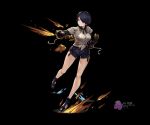  1girl bangs black_background black_footwear black_hair blue_eyes clenched_hand dated full_body gauntlets hand_up original punching qq0124678 rock shirt short_hair short_sleeves shorts simple_background solo standing swept_bangs white_shirt 