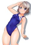  1girl aiuchi alternate_breast_size blue_eyes blue_swimsuit breasts competition_swimsuit covered_navel cowboy_shot grey_hair highleg highleg_swimsuit highres love_live! love_live!_sunshine!! one-piece_swimsuit parted_lips salute shadow short_hair simple_background small_breasts smile solo swimsuit watanabe_you white_background 