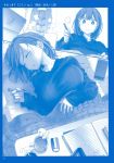  1girl 2koma absurdres ai-chan_(tawawa) blue_theme book braid breasts cellphone closed_eyes coat comic cup duffel_coat eraser getsuyoubi_no_tawawa highres himura_kiseki indoors instant_loss_2koma kotatsu large_breasts long_sleeves lying mechanical_pencil monochrome notebook on_back parted_lips pencil phone raincoat ribbed_sweater scan shirt short_hair sitting sleeping smartphone steam studying sweater table tablet_pc taut_clothes taut_shirt twin_braids under_kotatsu under_table v-shaped_eyebrows 