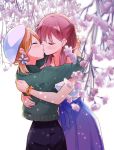  2girls alternate_hairstyle blush cherry_blossoms closed_eyes flower hair_flower hair_ornament hat hug kiss light multiple_girls sakura_trick sonoda_yuu sweater tachi_(gutsutoma) takayama_haruka yuri 