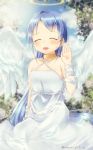  1girl alternate_costume angel arm_up artist_name bangs bare_shoulders blue_hair blurry blurry_background breasts closed_eyes clouds cloudy_sky collar collarbone collared_dress commentary_request dress flower halo highres kantai_collection light_particles light_rays long_hair mae_(maesanpicture) open_mouth outdoors samidare_(kantai_collection) shiny shiny_hair sitting sky small_breasts solo swept_bangs very_long_hair wariza waving white_dress wings 