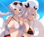  2girls azur_lane bangs bikini blue_eyes blue_sky breasts choker cleavage clouds collarbone commentary_request eyebrows_visible_through_hair eyewear_on_head flag_print german_flag_bikini hair_between_eyes highres inanami innertube jacket large_breasts long_hair looking_at_viewer mole mole_on_breast multiple_girls navel neck_ribbon outdoors prinz_eugen_(azur_lane) ribbon short_hair silver_hair sky smile sunglasses swimsuit tirpitz_(azur_lane) two_side_up white_bikini yellow_eyes 