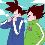  2boys =3 adjusting_clothes adjusting_collar black_eyes black_hair blue_coat blue_sky breath clouds cloudy_sky coat commentary_request covering covering_mouth day dragon_ball dragon_ball_super_broly expressionless fingernails frown green_coat hand_in_pocket light_smile looking_away looking_down male_focus multiple_boys outdoors pesogin profile sky smile son_gokuu spiky_hair standing steam upper_body vegeta winter winter_clothes winter_coat 