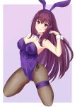  1girl absurdres animal_ears bangs bare_shoulders blush border bow bowtie breasts bunny_girl cleavage detached_collar fate/grand_order fate_(series) fishnet_pantyhose fishnets hair_between_eyes highres kneeling large_breasts leg_garter leotard long_hair looking_at_viewer pantyhose purple_background purple_hair purple_leotard rabbit_ears red_eyes scathach_(fate)_(all) scathach_(fate/grand_order) simple_background smile solo thighs white_border wrist_cuffs ying_jing_meng 
