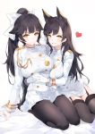  2girls :d aiguillette animal_ears arm_support atago_(azur_lane) azur_lane black_hair black_legwear blush breasts buttons double-breasted epaulettes extra_ears floppy_ears garter_straps gloves hair_ribbon heart highres hug large_breasts long_hair long_sleeves looking_at_viewer military military_uniform miniskirt multiple_girls open_mouth pantyhose pencil_skirt pleated_skirt ponytail ribbon seiza shirt sitting skirt smile takao_(azur_lane) thigh-highs uniform white_gloves white_ribbon white_shirt white_skirt yellow_eyes yumaomi zettai_ryouiki 