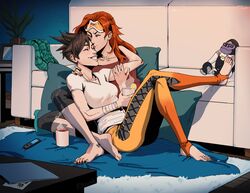  2girls artist_request brown_hair closed_eyes couch couple cup emily_(overwatch) forehead_kiss furniture goggles happy highres kiss multiple_girls nail_polish overwatch redhead scarf sitting smile spiky_hair stuffed_animal stuffed_toy tea tracer_(overwatch) winston_(overwatch) yuri 