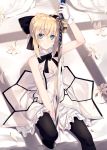  1girl arm_up artoria_pendragon_(all) bangs bare_shoulders between_legs black_bow black_legwear blonde_hair blush bow breasts caliburn cleavage closed_mouth comma dress eyebrows_visible_through_hair fate/unlimited_codes fate_(series) flower gloves green_eyes hair_between_eyes hair_bow hand_between_legs highres holding holding_sword holding_weapon idolmaster knee_up medium_breasts nagishiro_mito saber_lily short_hair sitting smile solo strapless strapless_dress sword thigh-highs weapon white_dress white_flower white_gloves 