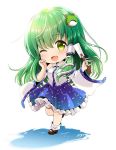 1girl blue_shadow blue_skirt blush breast chibi collar detached_sleeves frills frog_hair_ornament gohei green_eyes green_hair hair_tube kochiya_sanae long_hair open_mouth shoes skirt smile snake_hair_ornament touhou wink yuuka_nonoko