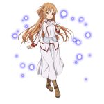  1girl asuna_(sao) boots braid brown_footwear brown_hair crown_braid floating_hair flower full_body highres holding holding_flower jacket long_hair long_skirt long_sleeves looking_at_viewer official_art orange_eyes parted_lips shiny shiny_hair skirt solo sword_art_online transparent_background very_long_hair white_flower white_jacket white_skirt 