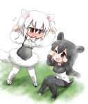  &gt;_o 2girls ;d animal_ears arms_up black_hair blush bow bowtie brown_eyes chibi commentary_request dress extra_ears eyebrows_visible_through_hair flying_sweatdrops full_body furrowed_eyebrows hair_between_eyes hands_up kawara_hajime kemono_friends knees_together_feet_apart knees_up long_hair long_sleeves looking_at_another malayan_tapir_(kemono_friends) medium_hair multicolored_hair multiple_girls nose_blush one_eye_closed open_mouth pantyhose peeking_through_fingers shorts sidelocks sitting smile southern_tamandua_(kemono_friends) standing sweater tail tamandua_ears tamandua_tail tapir_ears tapir_tail white_hair 