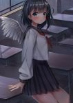  1girl :o angel_wings black_hair black_sailor_collar black_skirt blouse blue_eyes blush chair classroom commentary_request cowboy_shot crop_top desk feathered_wings high-waist_skirt highres indoors long_sleeves looking_at_viewer mochi_nabe neckerchief on_desk original parted_lips pleated_skirt red_neckwear sailor_collar school_chair school_desk school_uniform serafuku shirt short_hair sitting sitting_on_desk skirt solo sweat thighs white_shirt window wings 