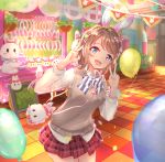  1girl 493water :d animal_ears arms_up bag balloon bangs basket blue_eyes bow bowtie breasts brown_hair contrapposto cowboy_shot double_v easter_egg egg fake_animal_ears hair_bow hairband handbag kiosk light_particles long_sleeves looking_at_viewer love_live! love_live!_sunshine!! medium_breasts miniskirt open_mouth petals plaid plaid_skirt rabbit_ears shirt short_hair skirt smile solo striped striped_neckwear stuffed_animal stuffed_bunny stuffed_toy sweater_vest swept_bangs tile_floor tiles untucked_shirt v watanabe_you white_shirt 
