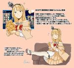  1girl blonde_hair blue_eyes braid commentary_request cosplay couch cream_puff crown dress flower food french_braid full_body garter_straps highres jewelry kantai_collection long_hair long_sleeves mini_crown multiple_views off-shoulder_dress off_shoulder pink_background real_life red_flower red_ribbon red_rose ribbon rose signature simple_background thigh-highs translation_request uchida_shuu warspite_(kantai_collection) warspite_(kantai_collection)_(cosplay) white_dress white_legwear yamada_rei_(rou) 