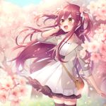  1girl :d amane_kurumi bag black_legwear blue_sky blurry blurry_foreground blush breasts brown_eyes cherry_blossoms collarbone commentary_request day depth_of_field dress flower grey_jacket hair_flower hair_ornament hair_ribbon hand_up jacket long_hair long_sleeves looking_away open_clothes open_jacket open_mouth original outdoors petals pink_flower redhead ribbon shoulder_bag sky small_breasts smile solo standing thigh-highs tree two_side_up very_long_hair white_dress white_ribbon wind 