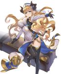  1girl absurdres bangs black_gloves blonde_hair blue_eyes boots breasts draph dress eyebrows_visible_through_hair gloves granblue_fantasy hand_up hat highres holding horns juliet_sleeves large_breasts leg_up long_sleeves looking_at_viewer pointy_ears puffy_sleeves rastina shiny shiny_clothes shiny_hair simple_background smile solo teffish thigh-highs thigh_boots white_background 
