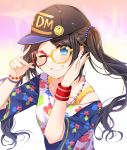  1girl ;d badge bangs baseball_cap bead_necklace beads black_headwear blue_eyes blue_sleeves blush bra_strap bracelet brown_hair button_badge chocho_(homelessfox) clothes_writing collarbone eyebrows_visible_through_hair glasses gradient gradient_background grin hair_beads hair_ornament hand_on_own_cheek hands_up hat idolmaster idolmaster_shiny_colors jewelry long_hair looking_at_viewer mitsumine_yuika necklace one_eye_closed open_mouth print_shirt red-framed_eyewear shirt short_sleeves smile solo sparkle star sweatband swept_bangs teeth upper_body v white_shirt wristband yellow-tinted_eyewear 