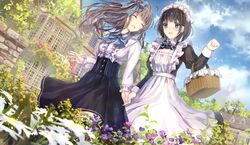  2girls :d ^_^ apron basket black_dress black_skirt blue_bow blue_eyes blue_sky blush bow brown_hair building center_frills closed_eyes closed_eyes clouds cloudy_sky collared_shirt commentary_request day dress dutch_angle field floating_hair flower flower_field hair_bow hand_holding high-waist_skirt highres juliet_sleeves long_hair long_sleeves maid maid_apron maid_headdress missile228 multiple_girls nose_blush open_mouth original outdoors pink_flower puffy_sleeves purple_flower shirt skirt sky smile standing white_apron white_flower white_shirt window 