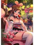  1girl armpits azur_lane blue_eyes blurry blurry_background cannon commentary detached_sleeves fireworks food food_stand headband japanese_clothes kimono kizuna_ai kurot long_hair looking_at_viewer night open_mouth sitting sleeveless solo twintails twitter_username virtual_youtuber yamashiro_(azur_lane) yukata 