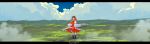  1girl black_hair boots clouds detached_sleeves full_body gohei hair_ribbon hakurei_reimu highres japanese_clothes letterboxed long_hair looking_at_viewer miko nontraditional_miko ouka_musci outdoors ribbon scenery solo touhou wide_sleeves 