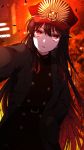  1girl bangs belt belt_buckle black_belt black_hair black_jacket blurry blurry_background brown_pants brown_shirt buckle commentary_request depth_of_field eyebrows_visible_through_hair family_crest fate/grand_order fate_(series) hair_between_eyes hand_in_pocket hat highres jacket koha-ace long_hair long_sleeves looking_at_viewer oda_nobunaga_(fate) oda_uri open_clothes open_jacket outstretched_arm pants parted_lips peaked_cap red_eyes red_headwear sakura_tsubame shirt signature solo v-shaped_eyebrows very_long_hair 