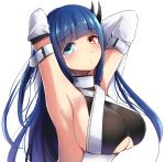  1girl arm_belt armpits arms_behind_head arms_up azur_lane bangs blue_eyes blue_hair blunt_bangs breasts dark_blue_hair detached_sleeves eyebrows_visible_through_hair furrowed_eyebrows heterochromia highres horns ibuki_(azur_lane) large_breasts long_sleeves looking_at_viewer mistynight red_eyes sideboob simple_background solo under_boob underboob_cutout upper_body white_background 