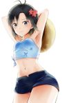  1girl antenna_hair armpits arms_up black_hair blue_shirt blue_shorts breasts collarbone cowboy_shot flower from_below hair_flower hair_ornament hat hat_removed headwear_removed highres holding holding_hat idolmaster idolmaster_(classic) kikuchi_makoto loli looking_at_viewer midriff mogskg navel red_flower shirt short_hair short_shorts shorts simple_background sleeveless sleeveless_shirt small_breasts solo standing stomach sun_hat thick_thighs thighs tied_shirt white_background wide_hips 