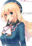  1girl absurdres ascot atago_(kantai_collection) bangs beret black_gloves blonde_hair blue_eyes blush breasts character_name finger_to_mouth gloves hat highres kantai_collection large_breasts long_hair long_sleeves military military_uniform mishima_kurone scan solo twitter_username uniform upper_body white_background 