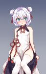  1girl :o bangs bare_shoulders blue_eyes blush breasts china_dress chinese_clothes commentary_request double_bun dress eyebrows_visible_through_hair feet_out_of_frame gradient gradient_background grey_background groin hair_between_eyes highres honkai_(series) honkai_impact_3 knees_together_feet_apart kuro_(kuronell) looking_at_viewer nose_blush parted_lips pelvic_curtain side_bun silver_hair sitting sleeveless sleeveless_dress small_breasts solo theresa_apocalypse thigh-highs white_legwear wrist_cuffs 