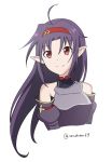  ahoge anime_coloring armor black_hair blush closed_mouth conchiem69 hair_ornament highres konno_yuuki_(sao) long_hair pointy_ears red_eyes smile sword_art_online 