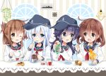  4girls :d ;d akatsuki_(kantai_collection) anchor_symbol bangs bendy_straw black_headwear black_sailor_collar blue_eyes blue_hair blush brown_eyes brown_hair checkerboard_cookie closed_mouth collarbone commentary_request cookie cup drink drinking_glass drinking_straw eye_contact eyebrows_visible_through_hair fang flat_cap folded_ponytail food hair_between_eyes hair_ornament hairclip hat hibiki_(kantai_collection) highres hizuki_yayoi holding holding_cup holding_spoon ice ice_cream ice_cream_float ice_cube ikazuchi_(kantai_collection) inazuma_(kantai_collection) kantai_collection light_bulb long_hair looking_at_another muffin multiple_girls neckerchief one_eye_closed open_mouth purple_hair red_neckwear sailor_collar saucer school_uniform serafuku shirt smile spoon striped table upper_body vertical_stripes violet_eyes white_shirt window 